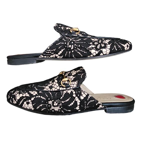 Gucci Princetown Horsebit Mule Flat Size 38 US 8 Black Lace Beige Gold Slip On - Picture 5 of 9